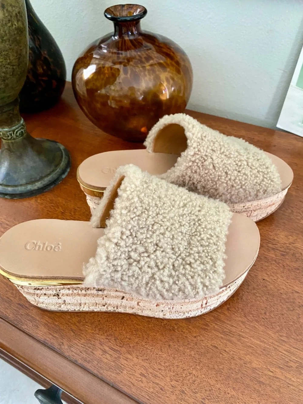 CHLOÉ $750 Shearling Leather Slide Wedges 8